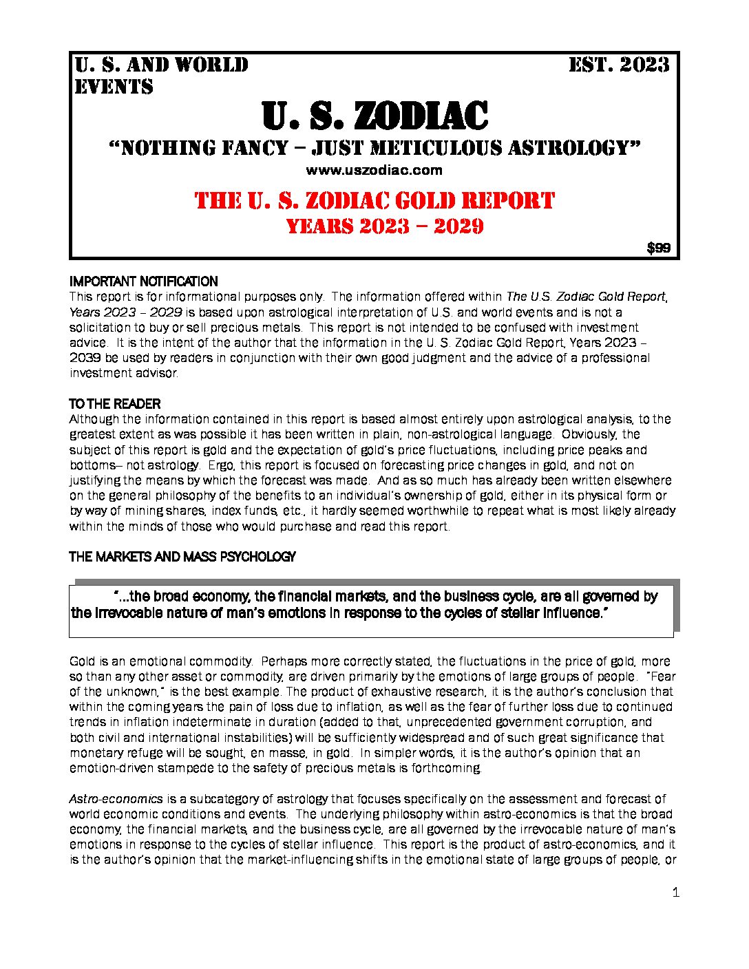 The U. S. Zodiac Gold Report Years 2023 - 2029